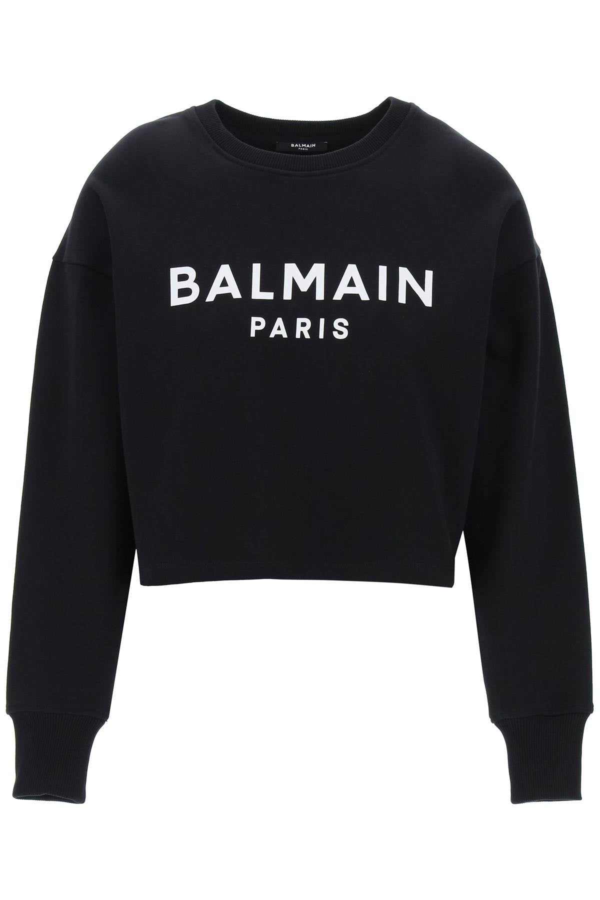 Balmain Cropped Sweatshirt With Flocked Logo For Women In Black