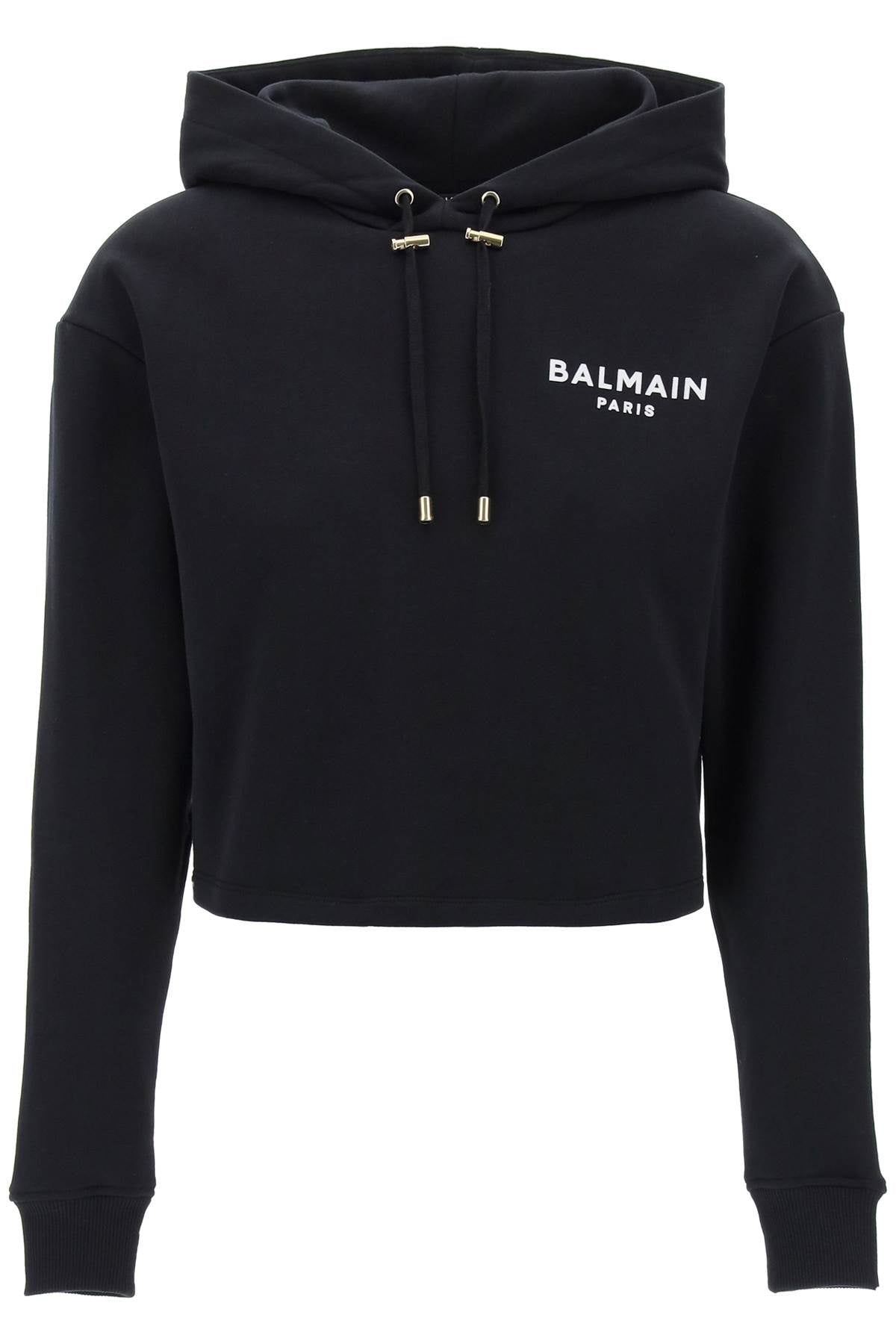 Shop Balmain Flocked Logo Cropped Sweatshirt For Women In Black