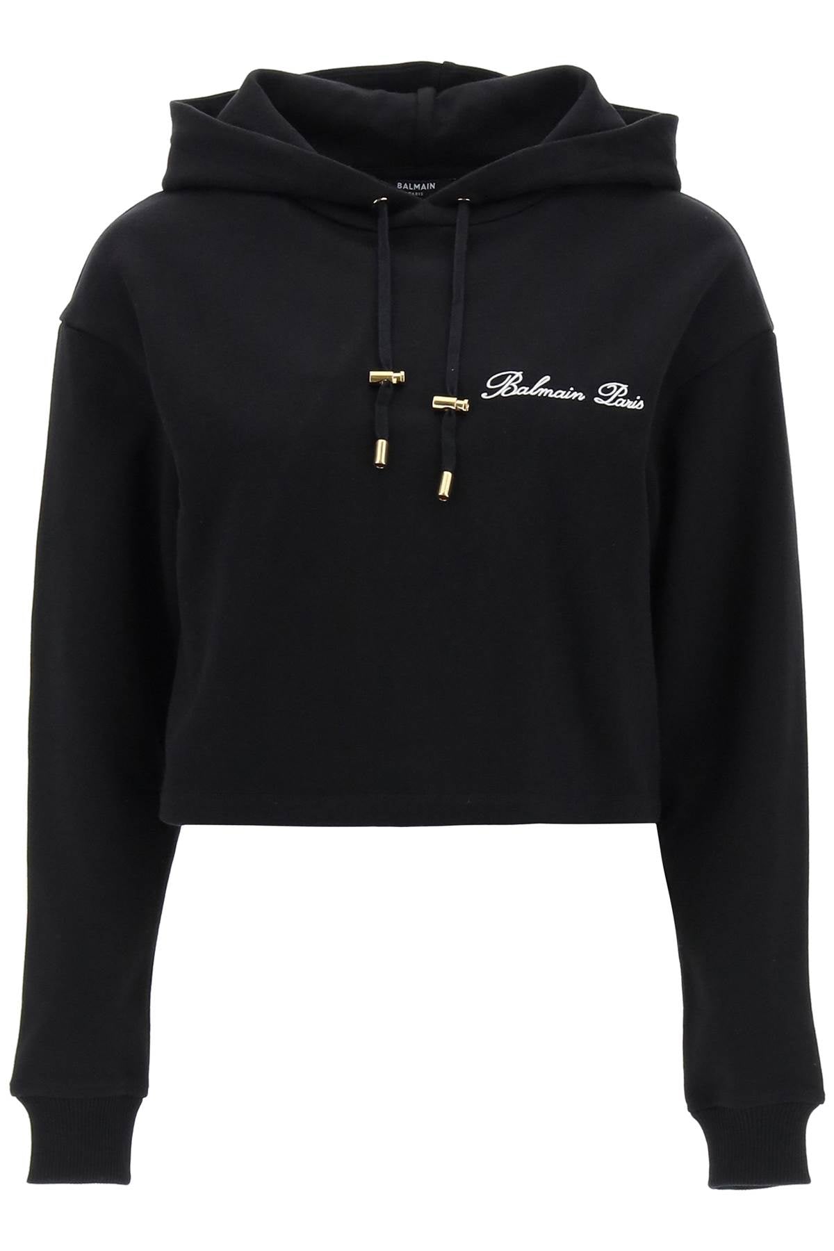 Shop Balmain Logo Embroidered Cropped Hoodie For Women In Black