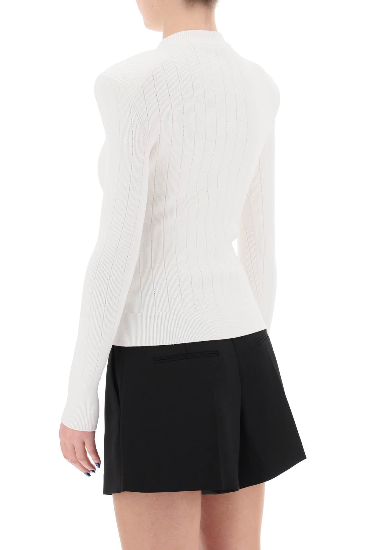 Shop Balmain White Ribbed Crew-neck Sweater For Women With Pointelle Detailing And Gold-tone Buttons