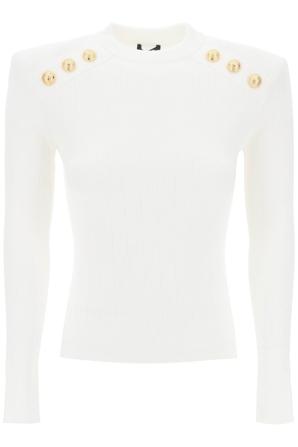 Shop Balmain White Ribbed Crew-neck Sweater For Women With Pointelle Detailing And Gold-tone Buttons