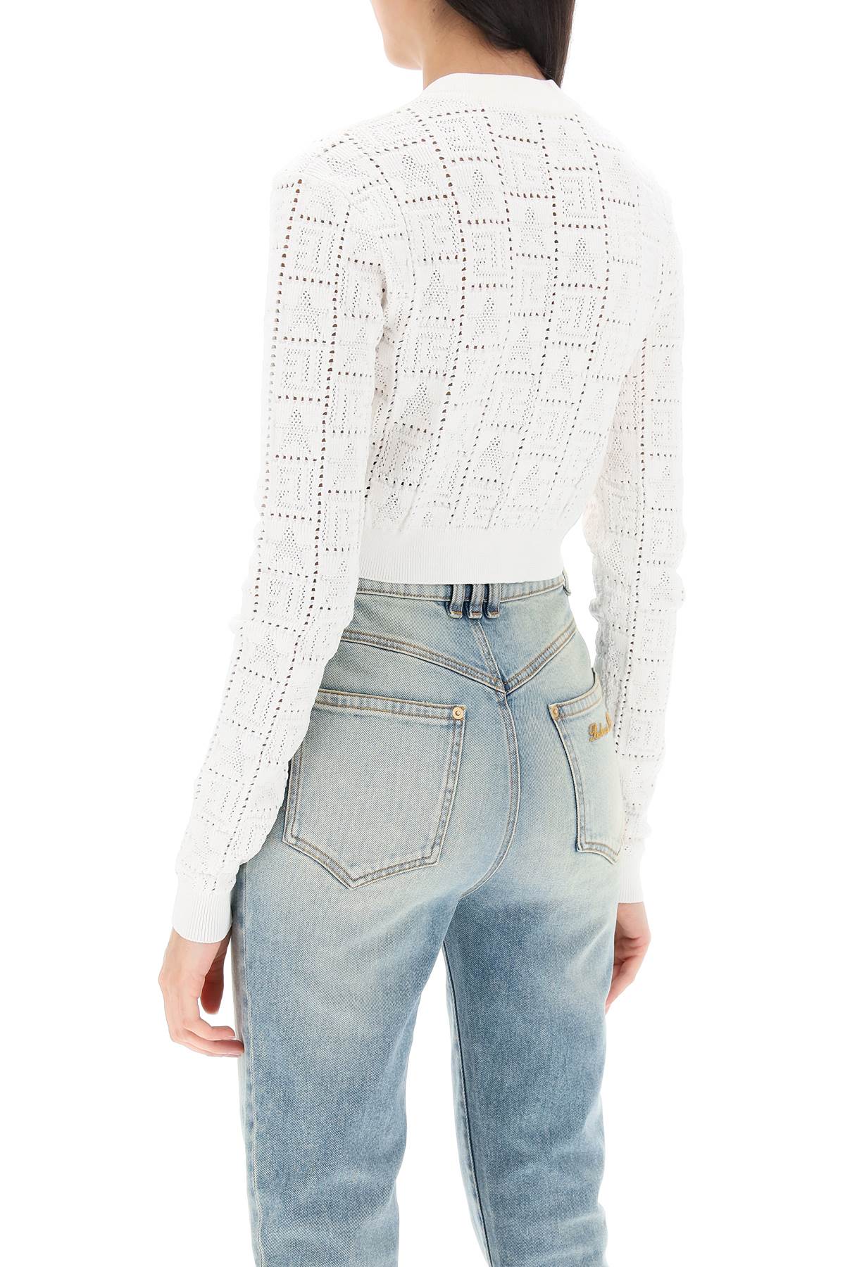 Shop Balmain Cropped Cardigan With Jewel Buttons | Pointelle Knit | White | Women's