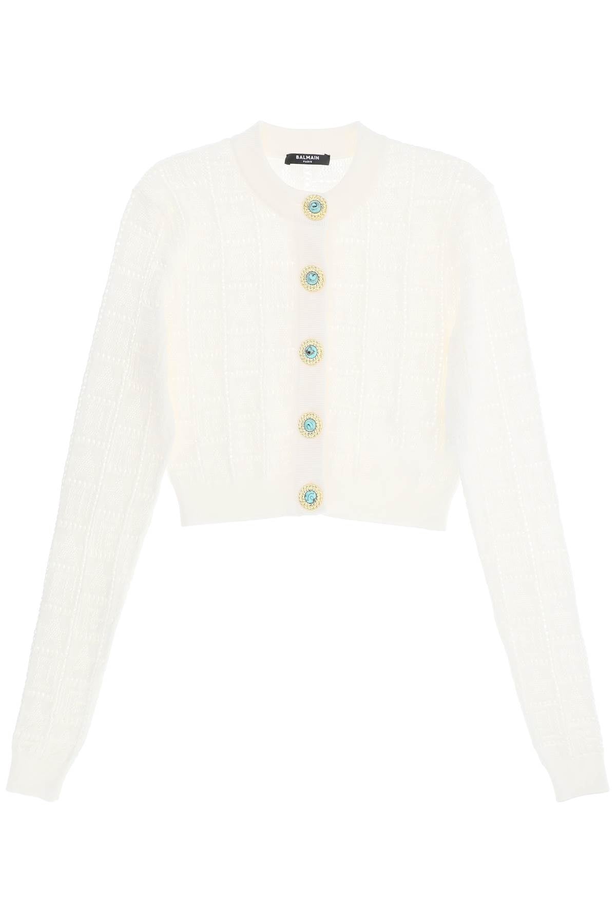 Shop Balmain Cropped Cardigan With Jewel Buttons | Pointelle Knit | White | Women's