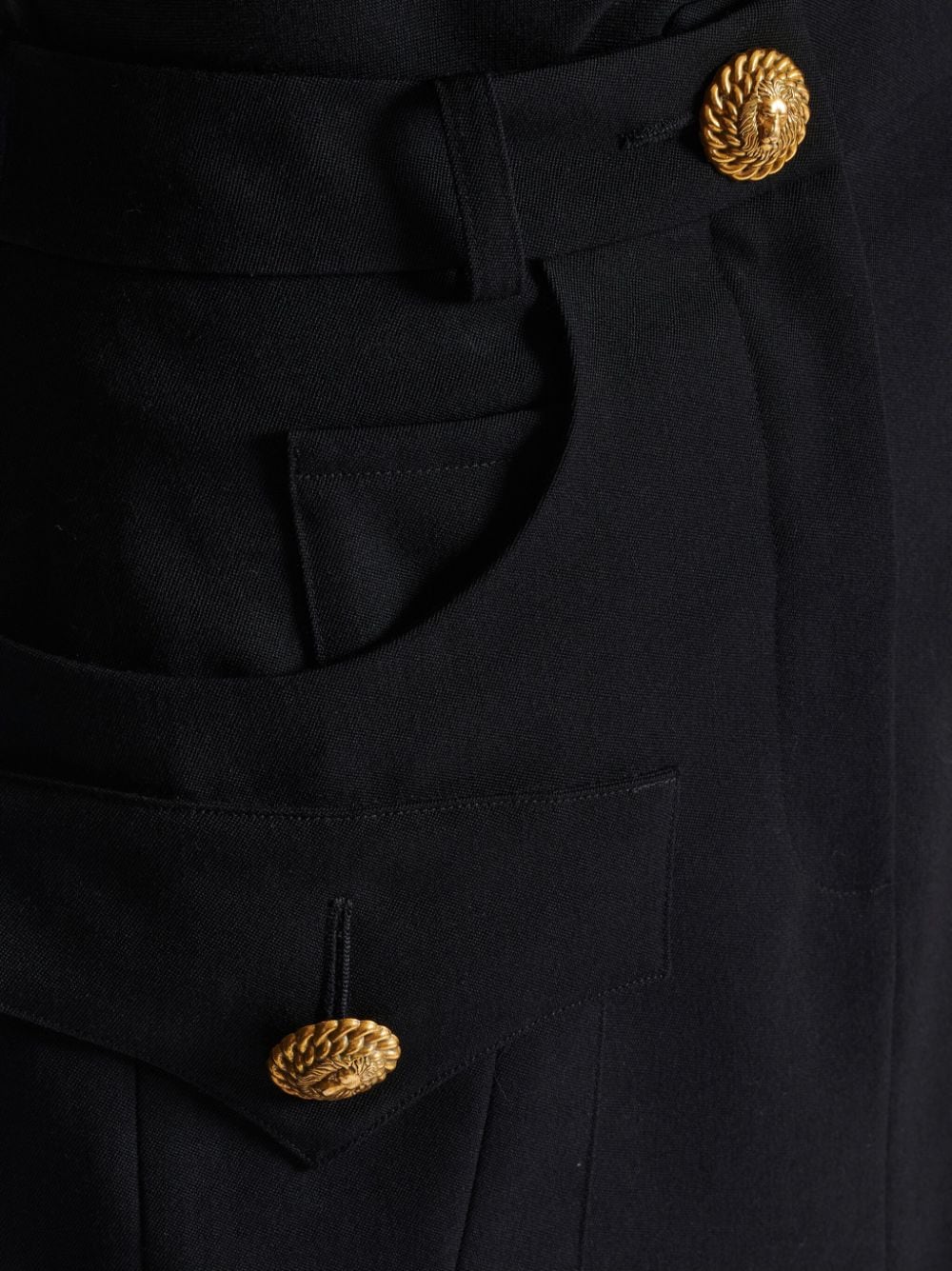 Shop Balmain High-waisted Black Wool Mini Skirt With Lion Head Buttons