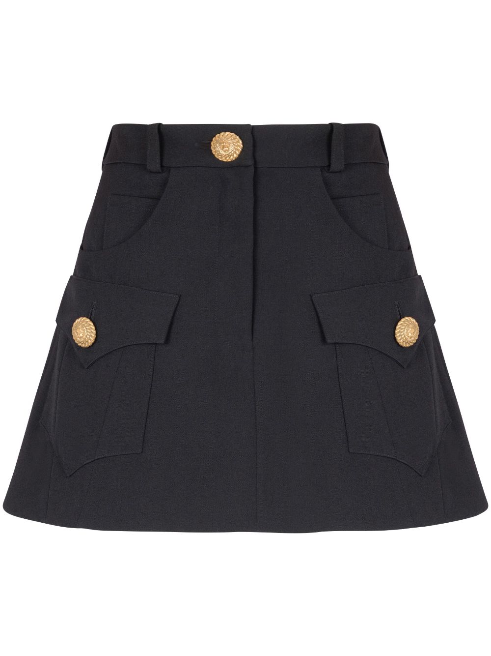 Shop Balmain High-waisted Black Wool Mini Skirt With Lion Head Buttons