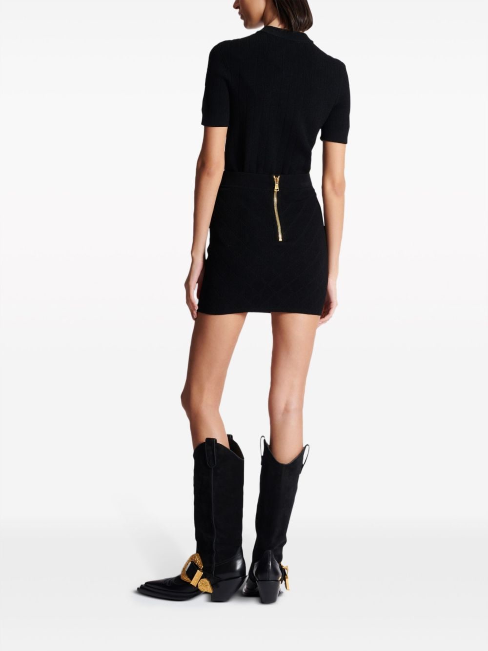 Shop Balmain Black High Waist Knit Mini Skirt With Button Detailing