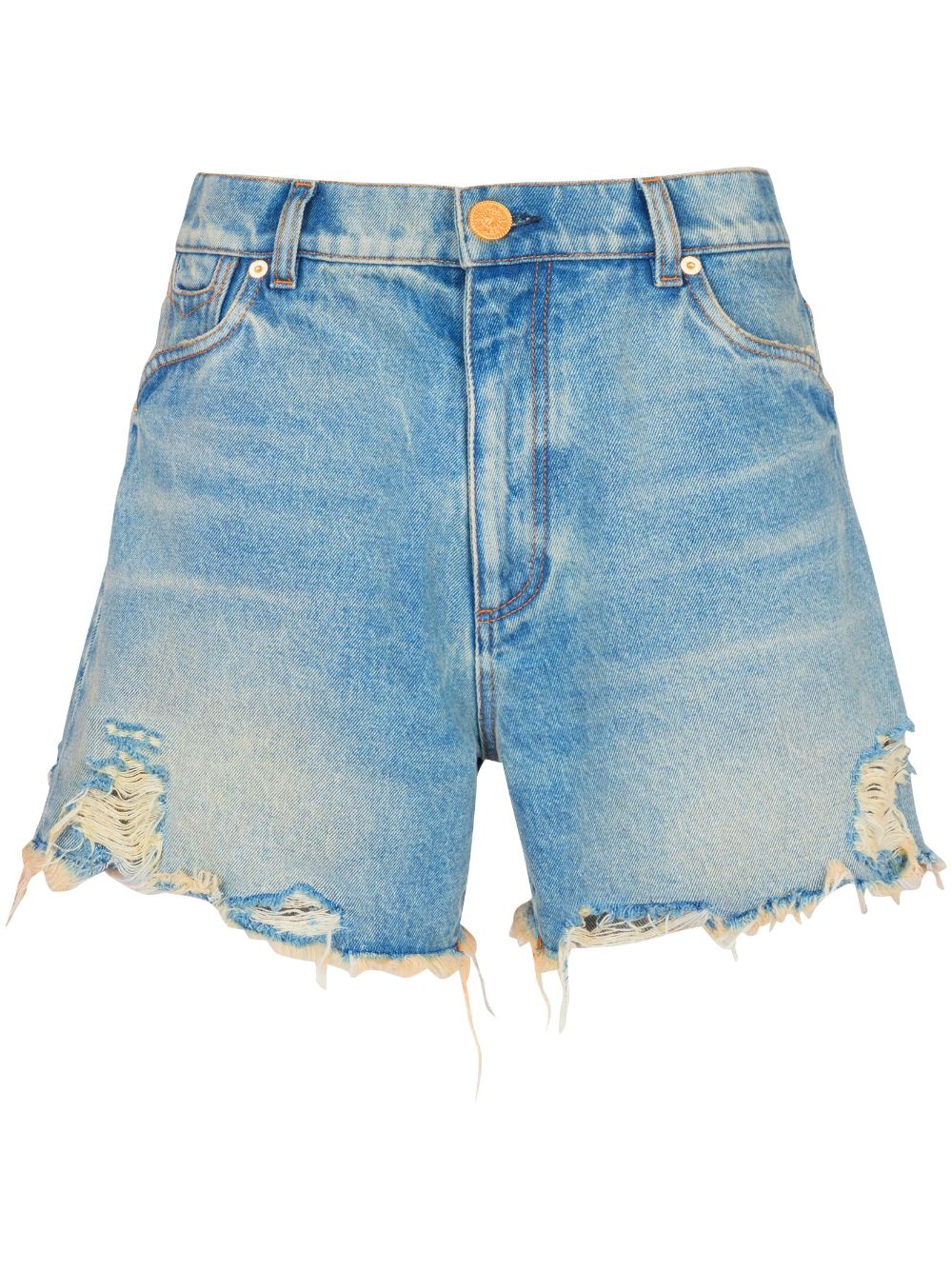 Shop Balmain Women's Light Wash Frayed Denim Shorts For Ss24 In Light Blue