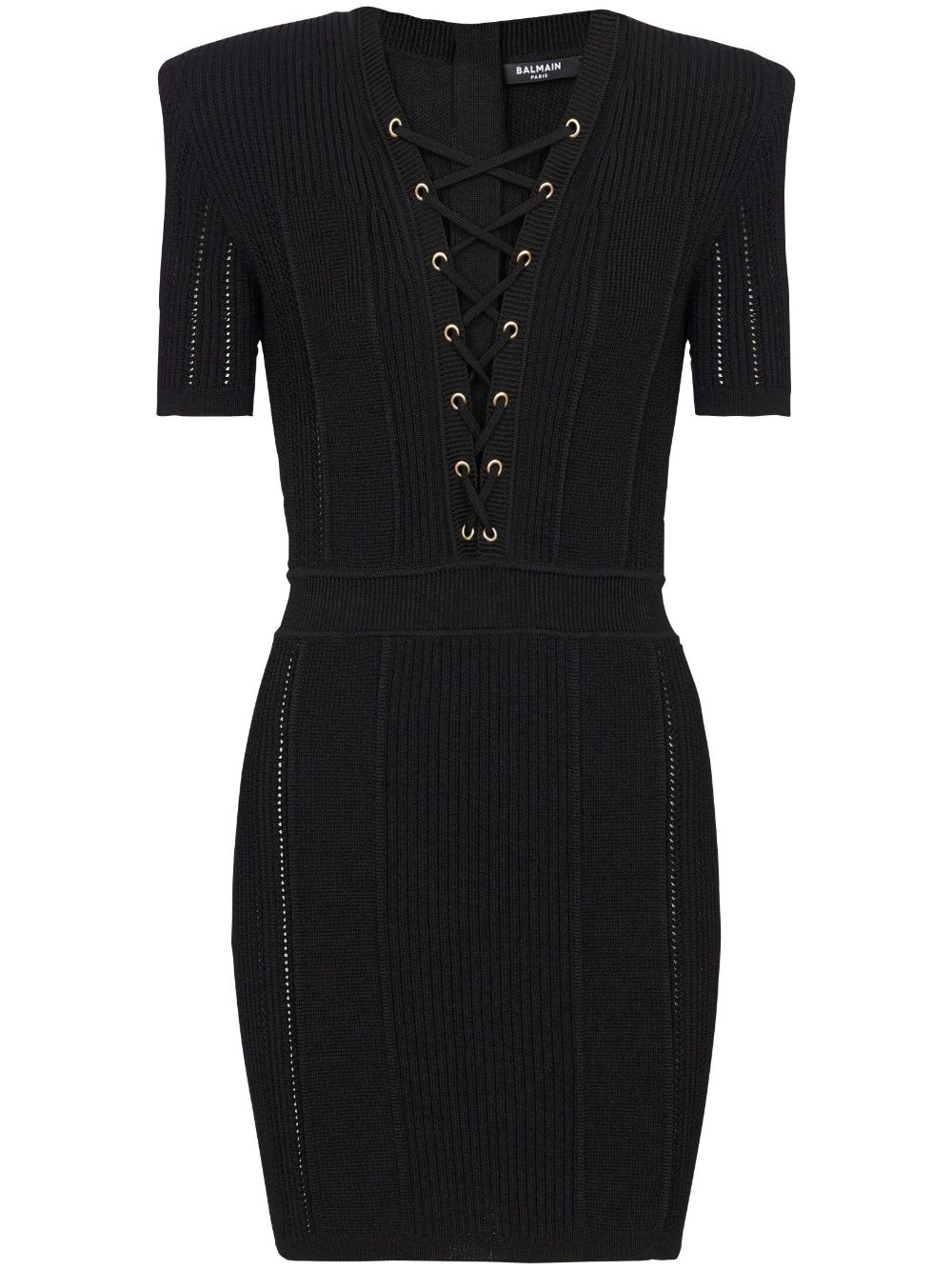 Shop Balmain V-neck Lace-up Black Minidress For Women
