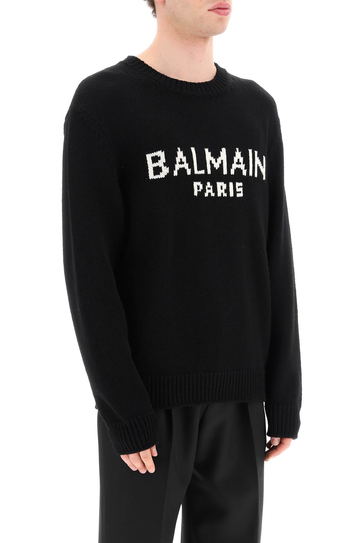Shop Balmain Men's Black Jacquard Logo Sweater For Ss24