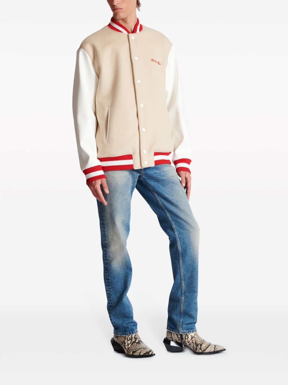 Shop Balmain Classic Wool Varsity Jacket With Signature Embroidery For Men In Tan