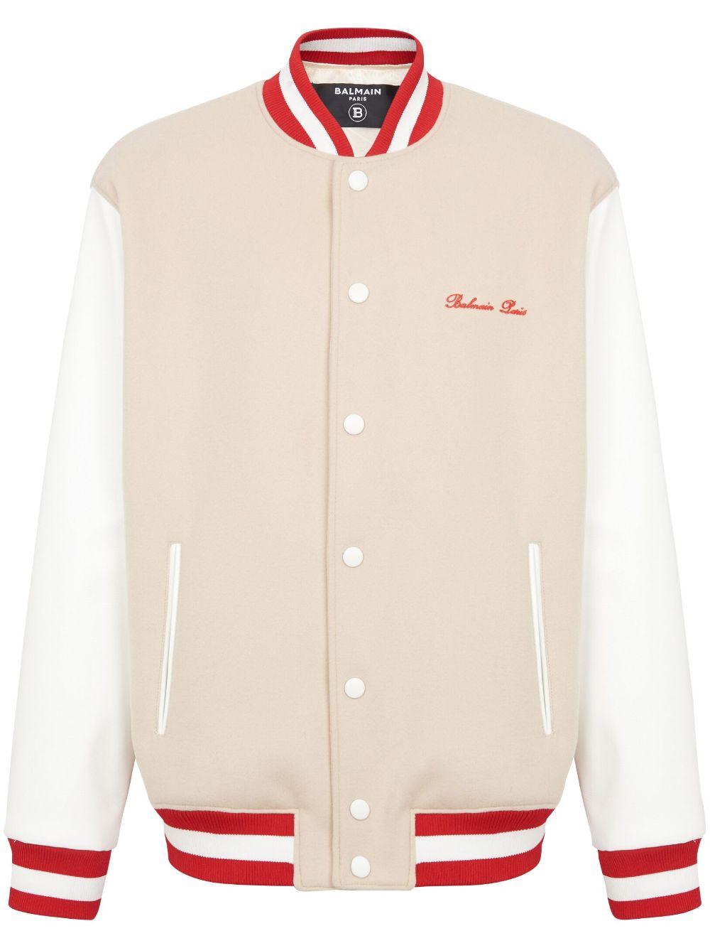 Shop Balmain Classic Wool Varsity Jacket With Signature Embroidery For Men In Tan