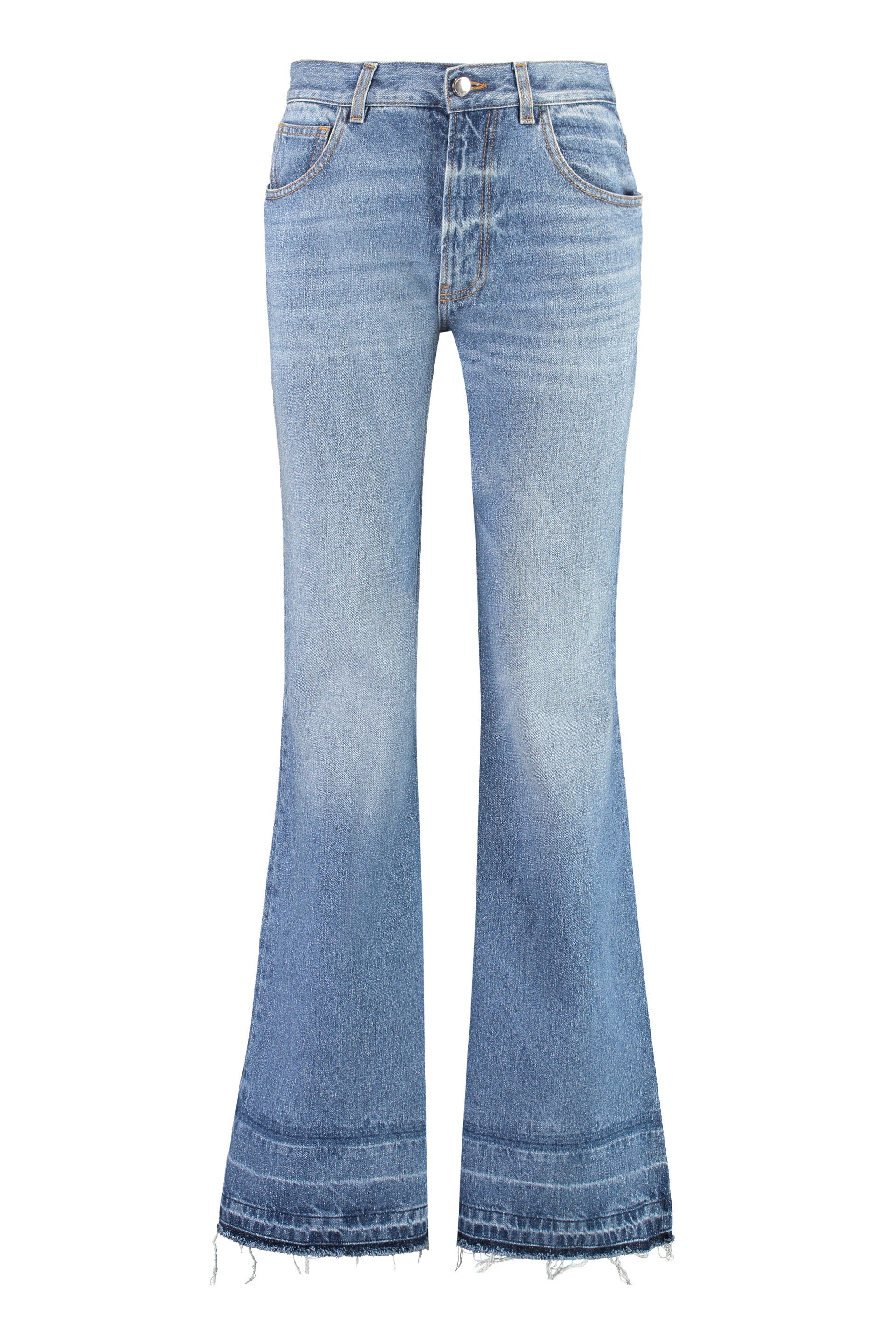 Chloé Flared Low-rise Denim Jeans With Visible Stitching And Fringed Hemline For Women In Blue