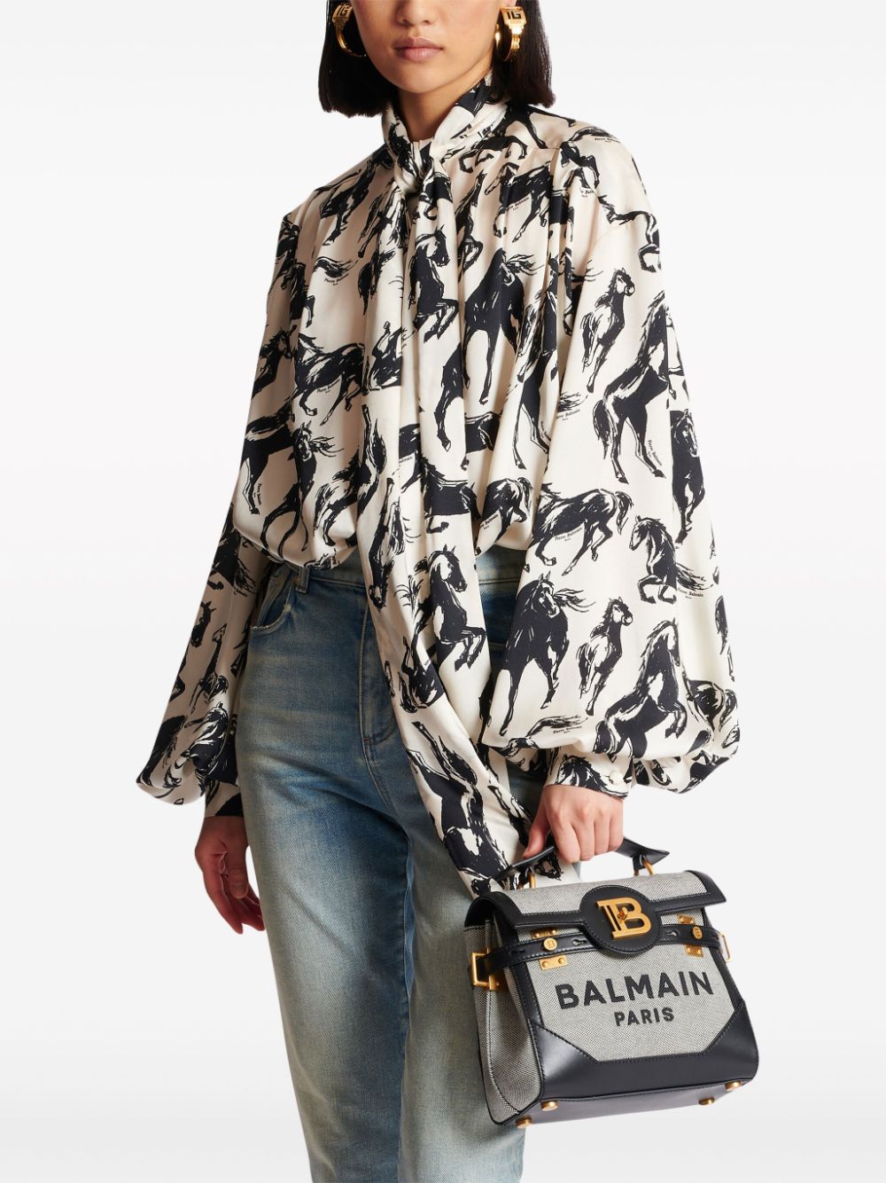 Shop Balmain Black Canvas And Leather Foldover Handbag For Women
