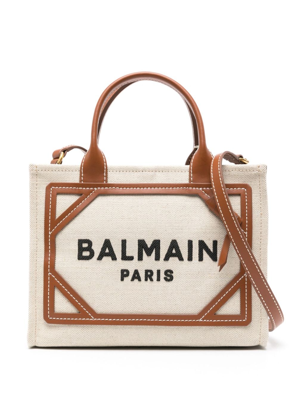 Shop Balmain Ecru/camel Brown Canvas Handbag With Adjustable Strap And Logo Motif In Beige