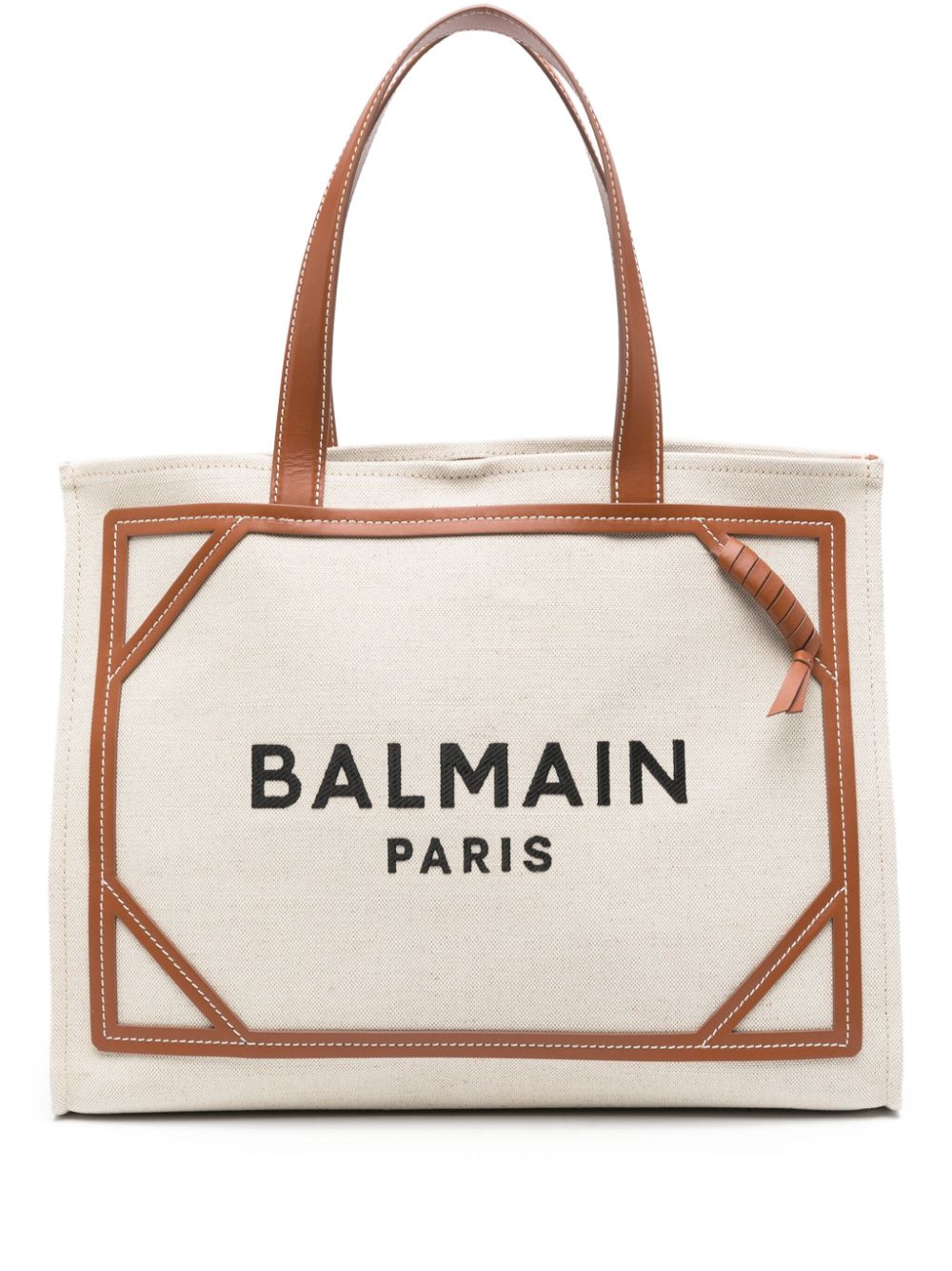 Shop Balmain Beige Leather Handbag With Logo Print And Removable Pouch