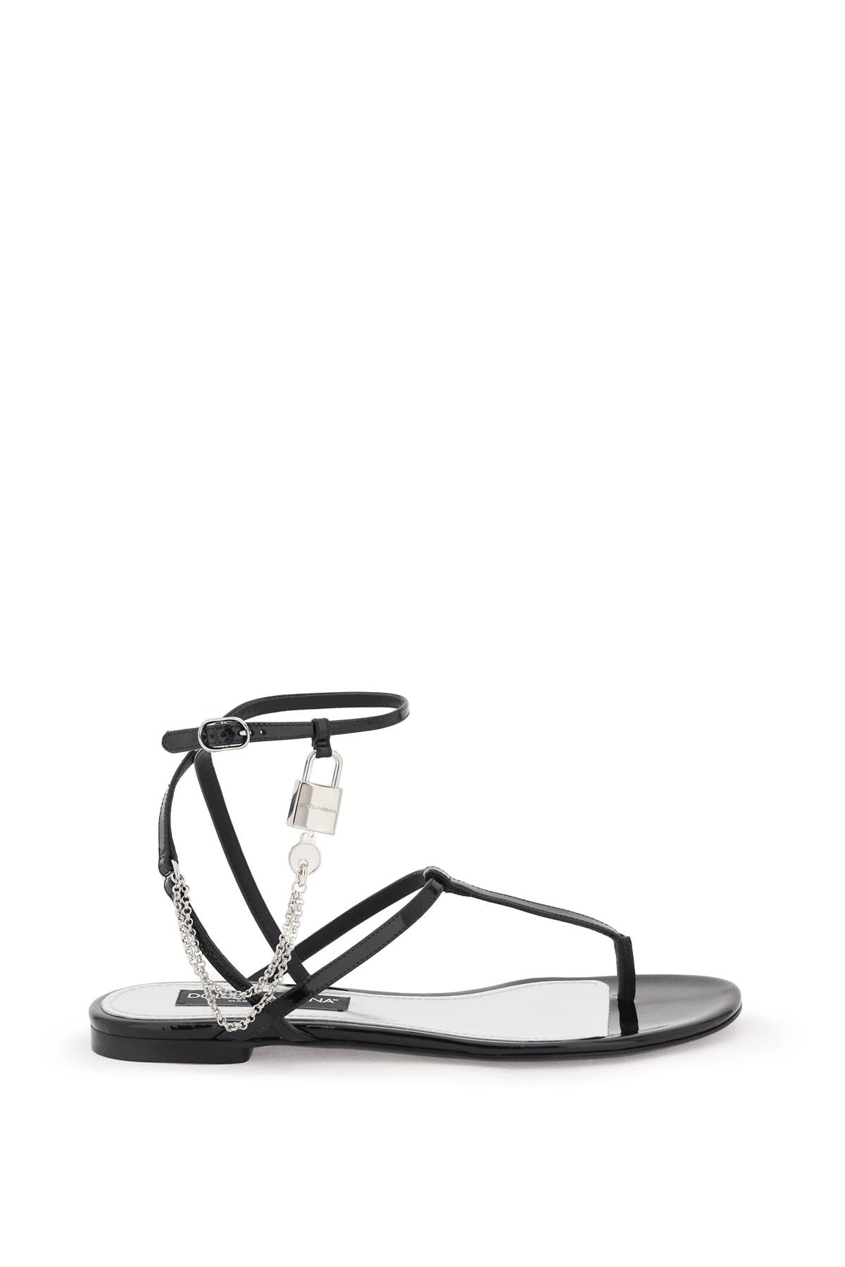Shop Dolce & Gabbana Black Patent Leather Thong Sandals With Padlock For Women