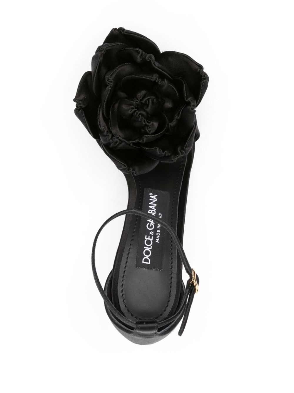 Shop Dolce & Gabbana Black Satin Heel Sandals With Floral Appliqué And Buckle Fastening Ankle Strap