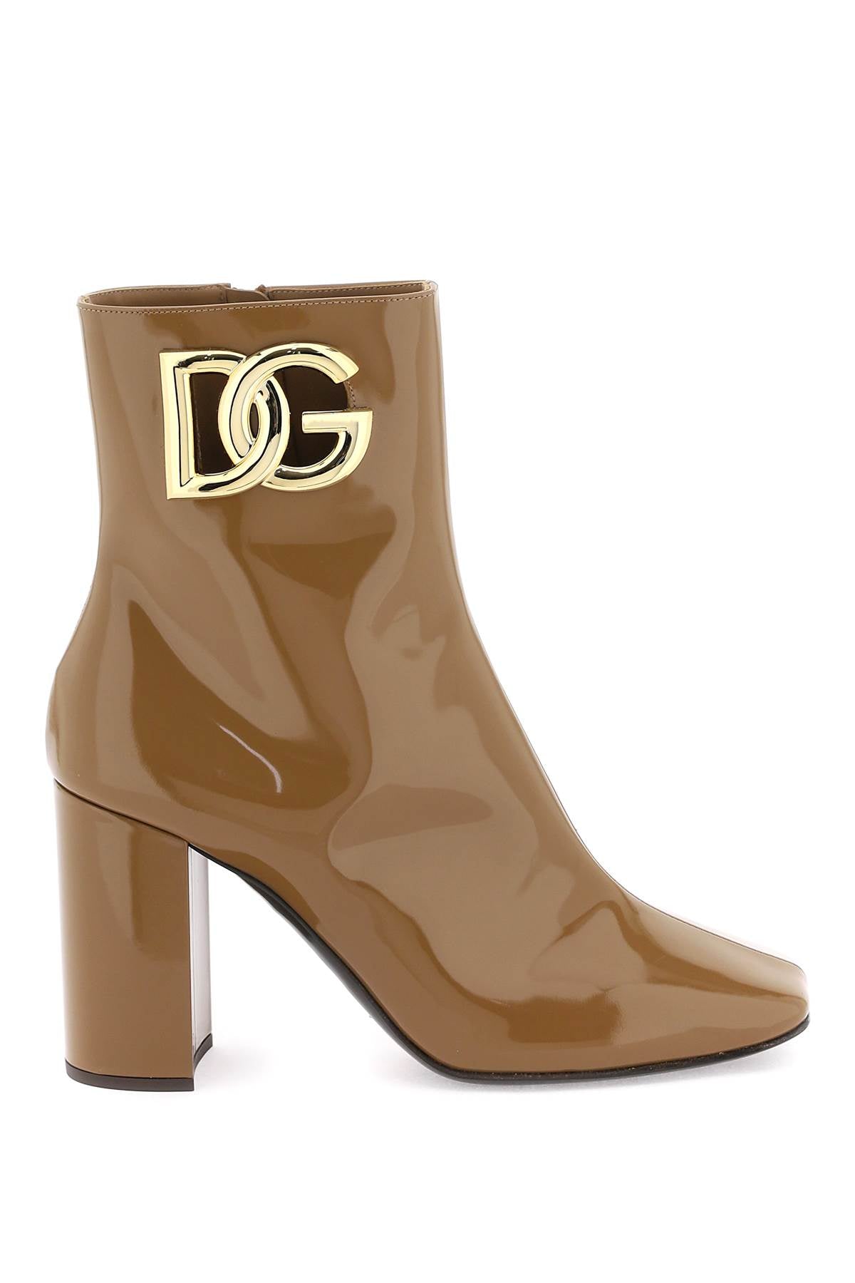 Shop Dolce & Gabbana Glossy Leather Ankle Boots With Gold Metal Dg Logo For Women In Brown