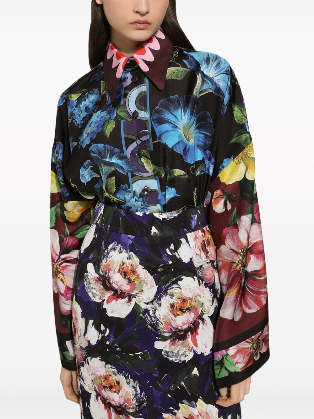 Shop Dolce & Gabbana Floral Print Silk Shirt With Drop Shoulder And Wide Sleeves In Black