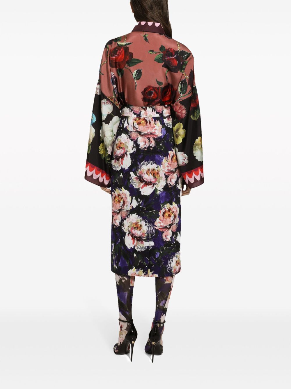 Shop Dolce & Gabbana Floral Print Silk Shirt With Drop Shoulder And Wide Sleeves In Black