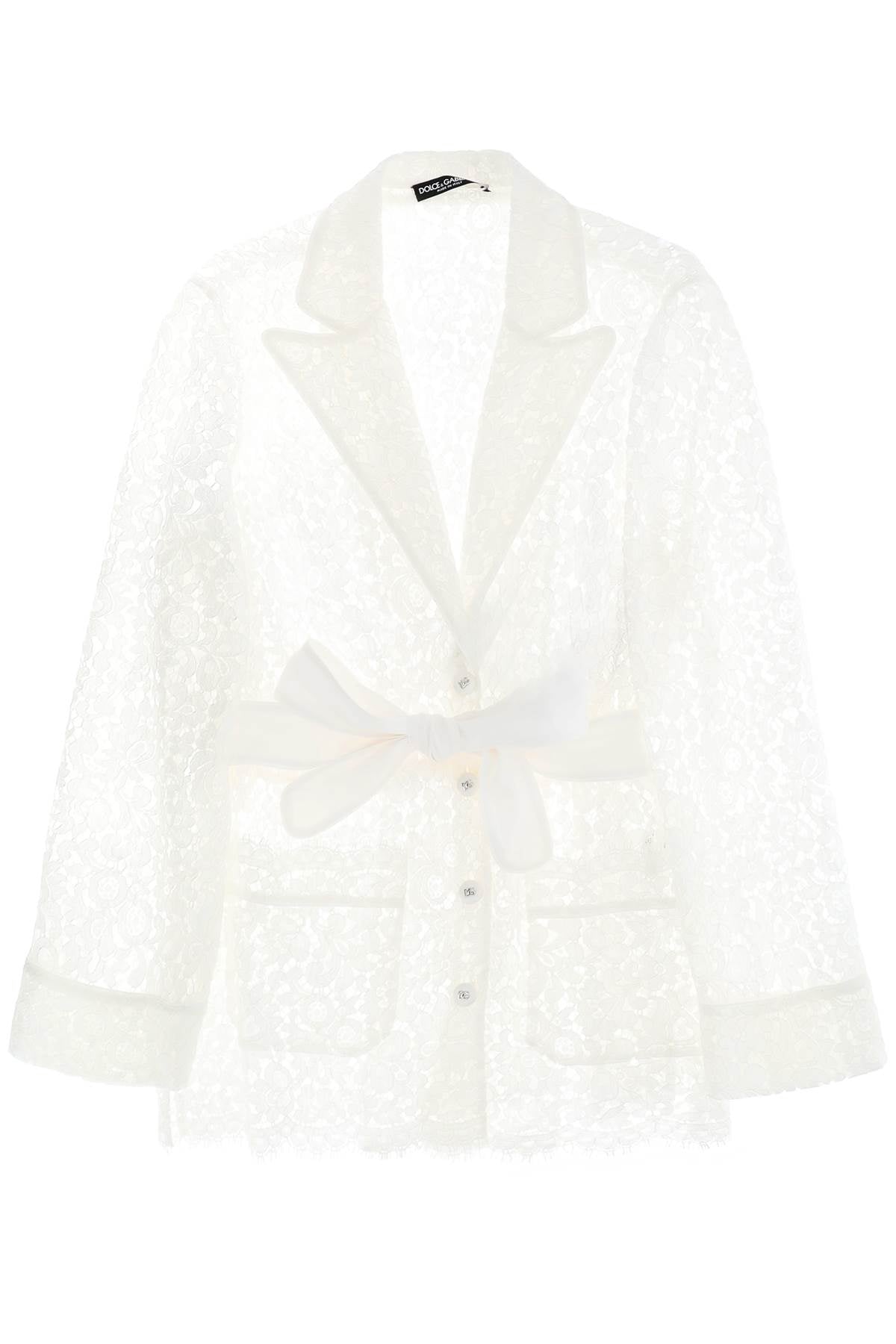 Shop Dolce & Gabbana White Lace Jacket With Waist Belt And Lapel Collar