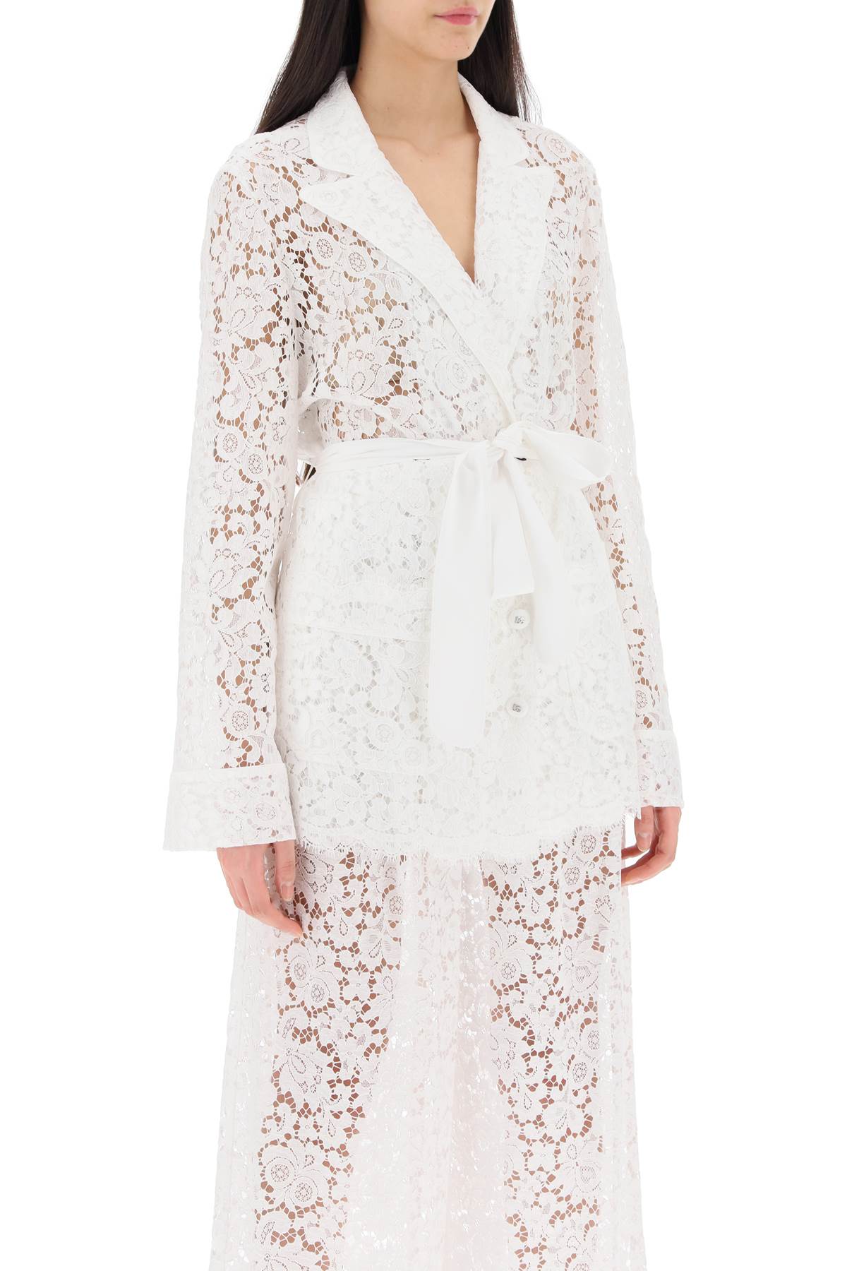 Shop Dolce & Gabbana White Lace Jacket With Waist Belt And Lapel Collar