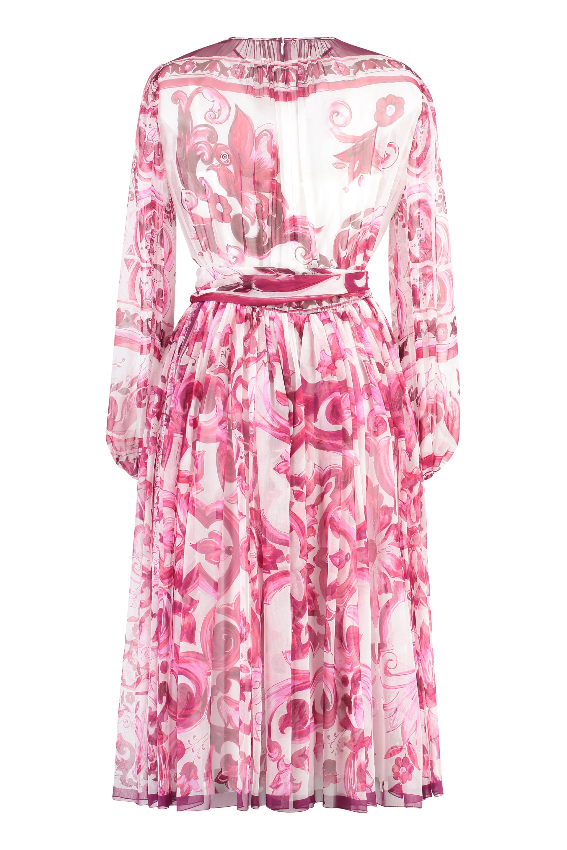 Shop Dolce & Gabbana Feminine Pink Chiffon Dress With Maiolica Print And Coordinated Waist Belt