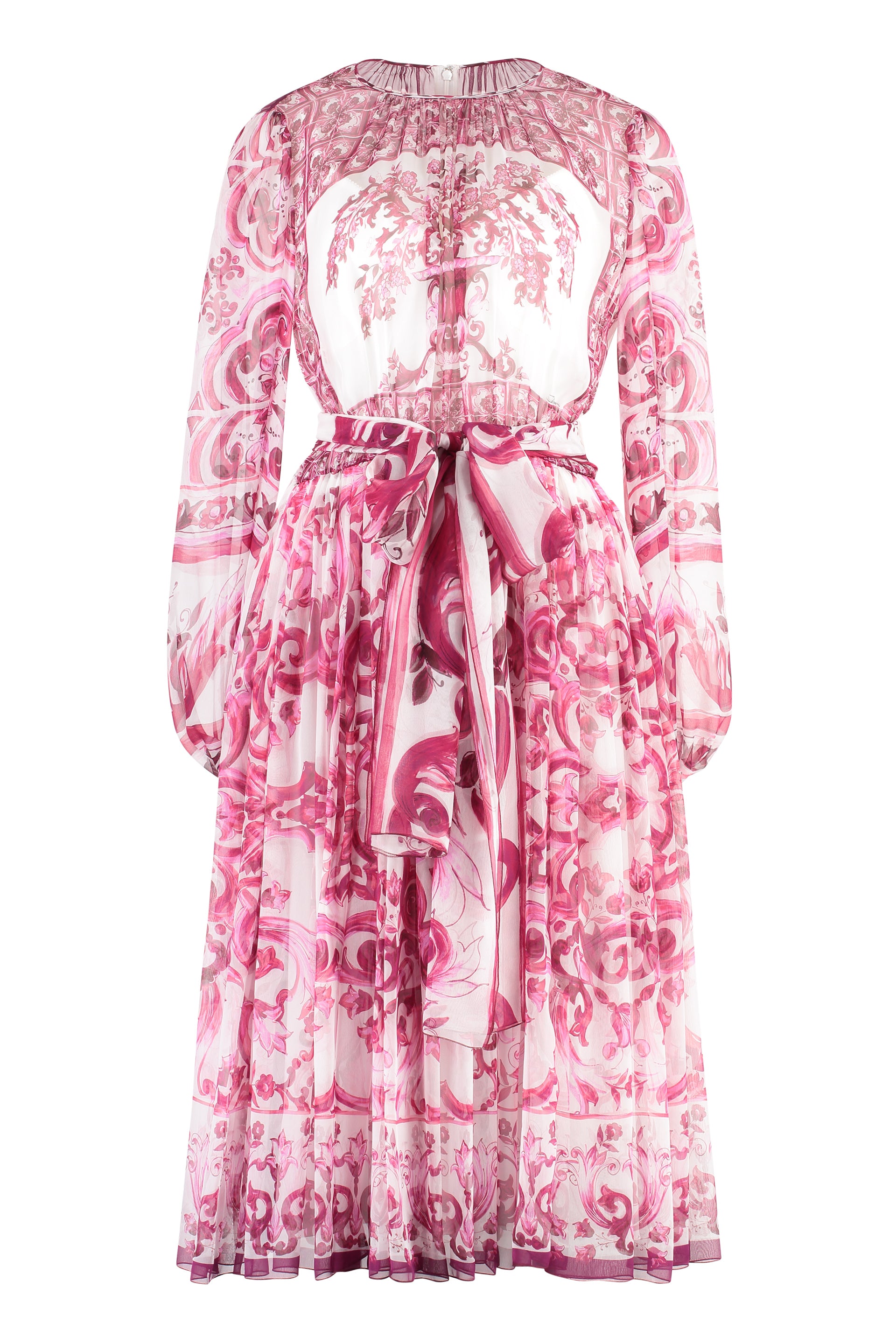 Shop Dolce & Gabbana Feminine Pink Chiffon Dress With Maiolica Print And Coordinated Waist Belt