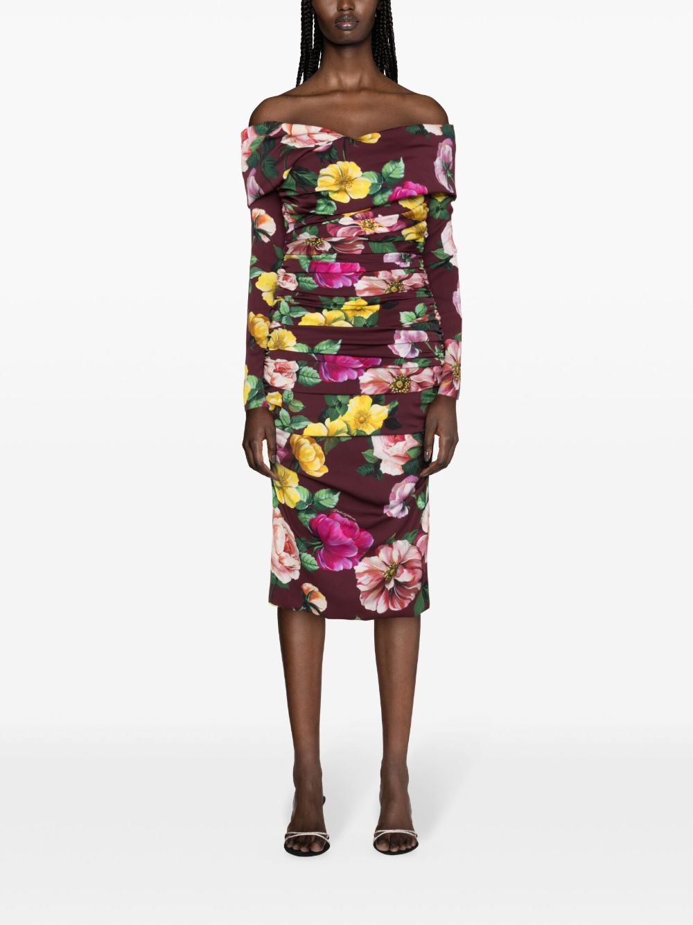 Shop Dolce & Gabbana Burgundy Floral Print Silk Midi Dress With Crossover Neck And Off-shoulder Design In Maroon