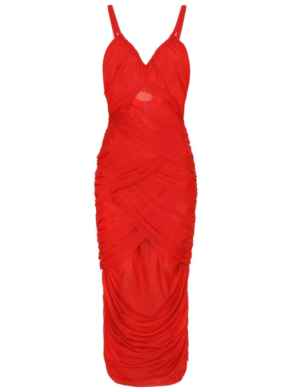 Dolce & Gabbana Flattering Red Tulle Dress | Draped Midi | V-neckline | Women's Fashion