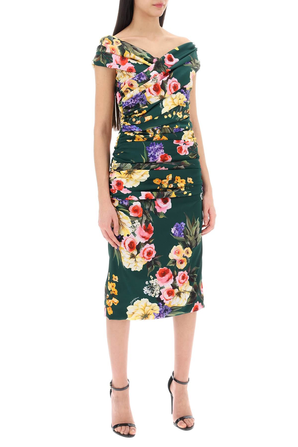 Shop Dolce & Gabbana Rose Garden Draped Midi Dress In Green | Women's Stretch Silk Charmeuse Dress