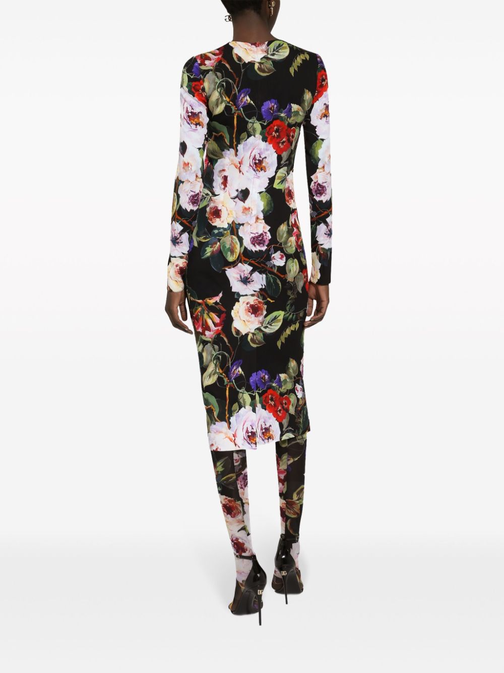 Shop Dolce & Gabbana Floral Print Silk Midi Dress In Black