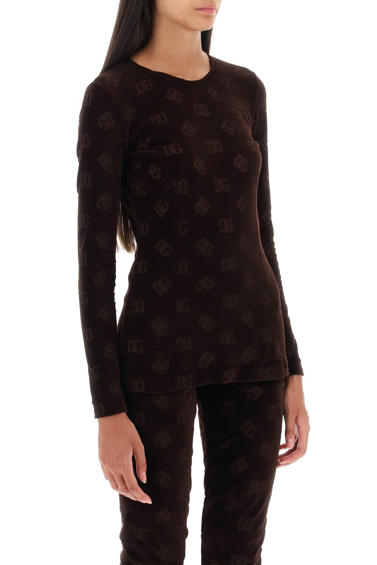 Shop Dolce & Gabbana Stylish Monogram Chenille Long-sleeved Top For Women In Brown