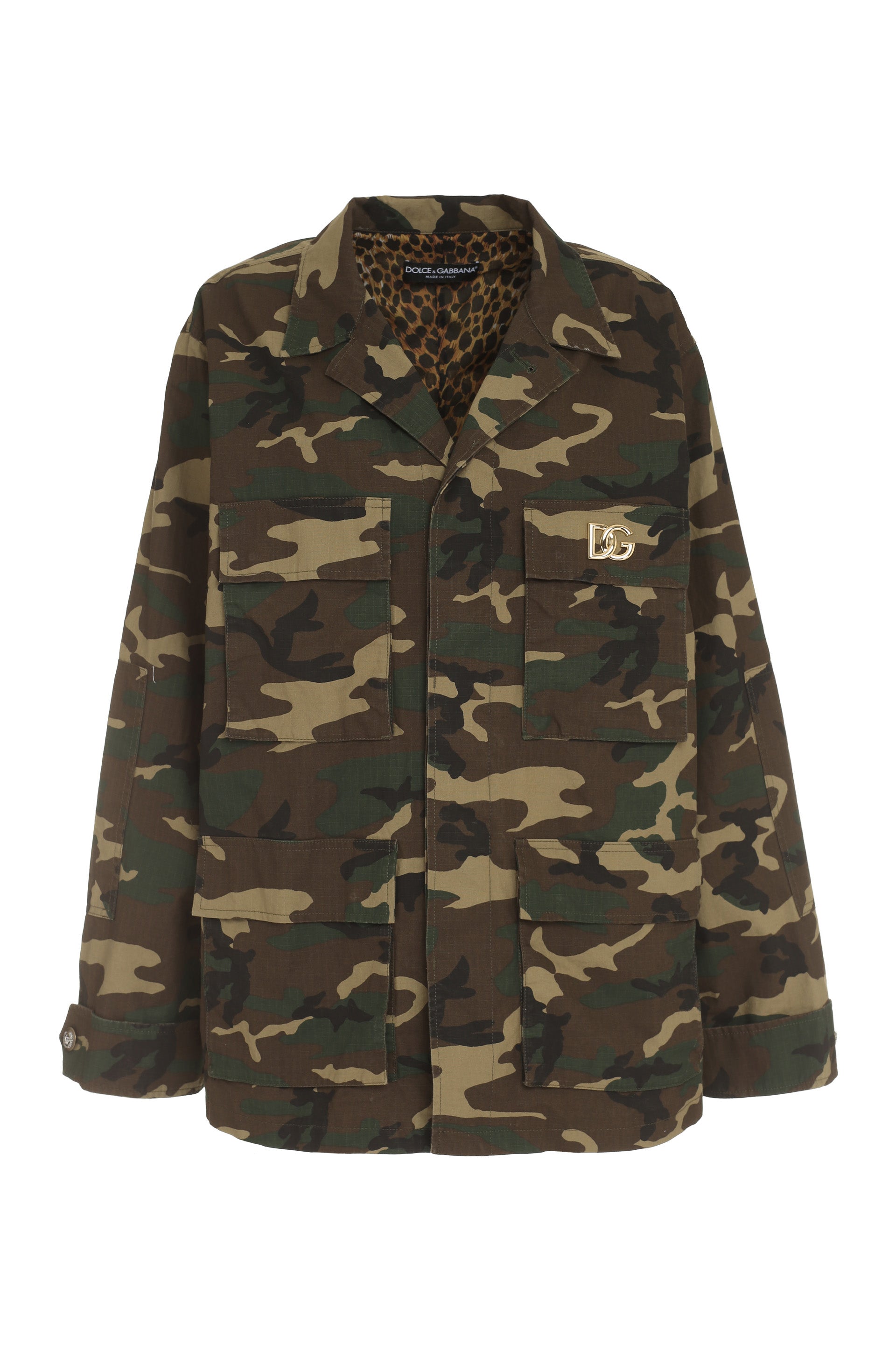 Dolce & Gabbana Multi-pocket Cotton Jacket With Camouflage Print And Leopard Print Lining In Multicolor