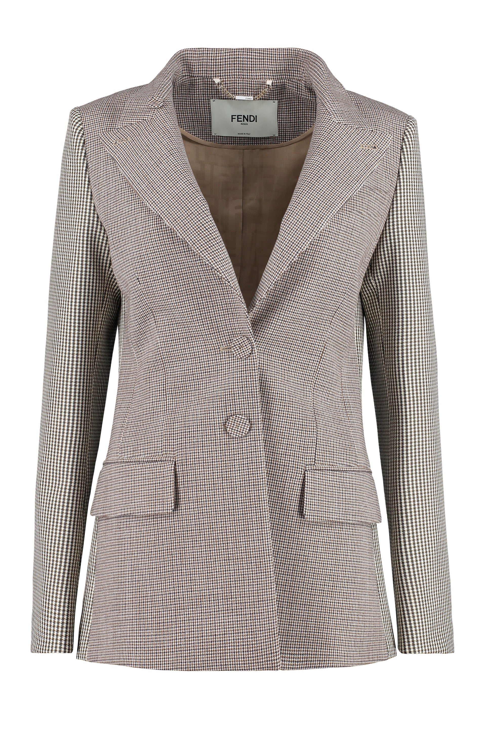 Shop Fendi Feminine Houndstooth Blazer With Structured Shoulders And Double Back Slit In Brown