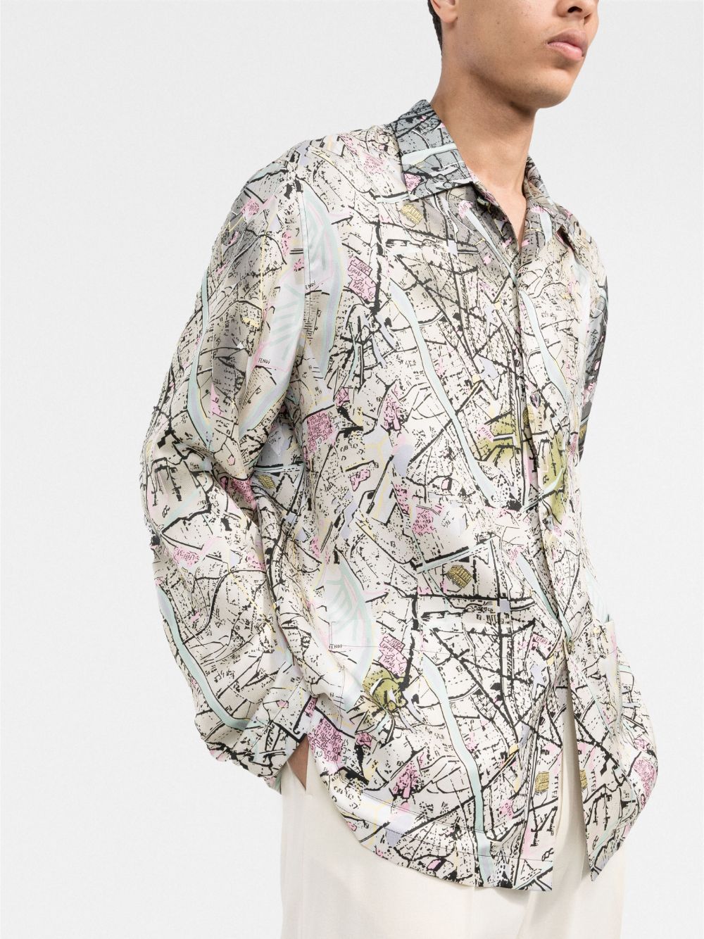 Shop Fendi Vintage Map Silk Shirt For Men In Gray