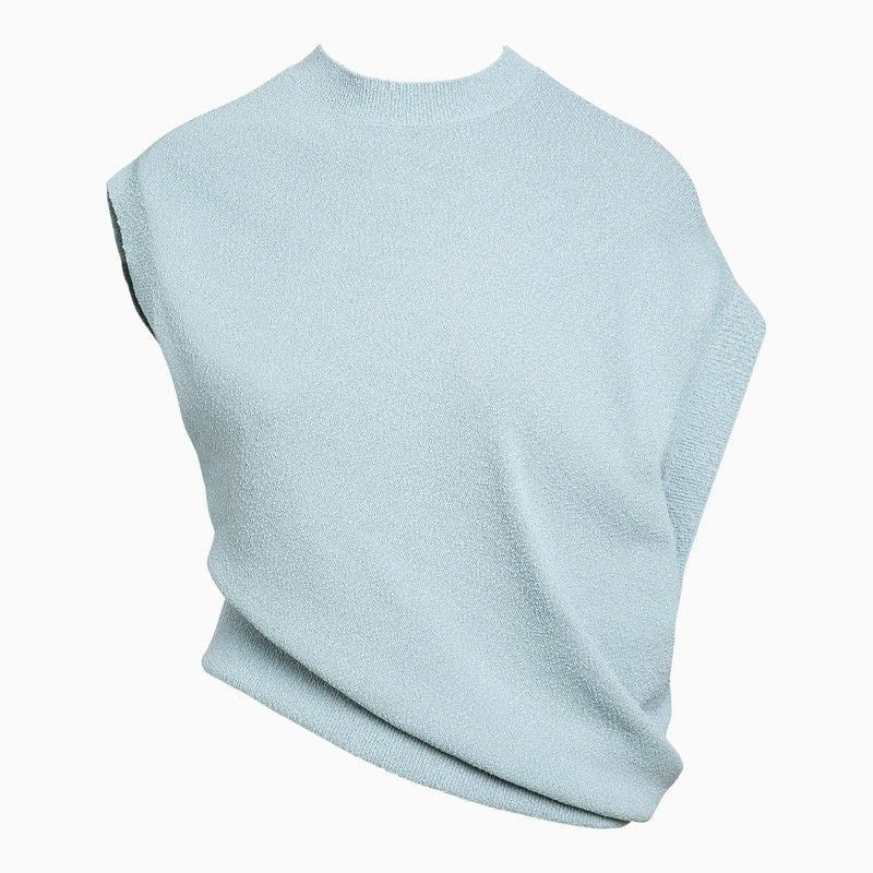 Shop Fendi Light Blue Asymmetric Knit Crew Neck Sweater