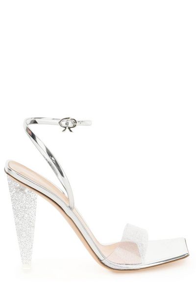Gianvito Rossi Silver Graphic-heel Sandals With Plexi Upper And Patent Leather Straps In Grey