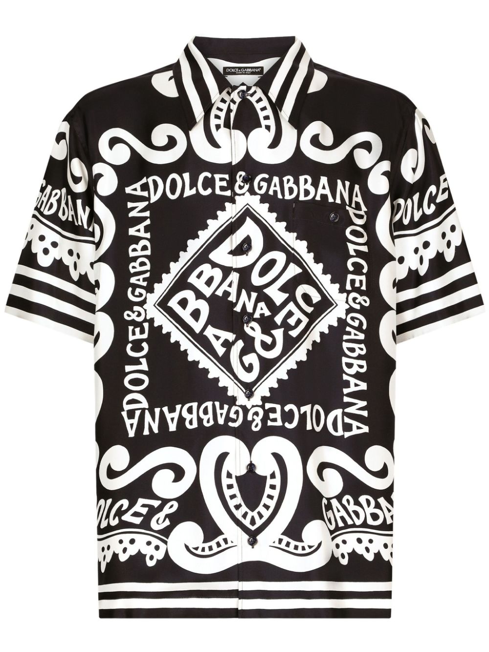 Shop Dolce & Gabbana Navy Silk Shirt With All-over Logo Print And Classic Collar For Men