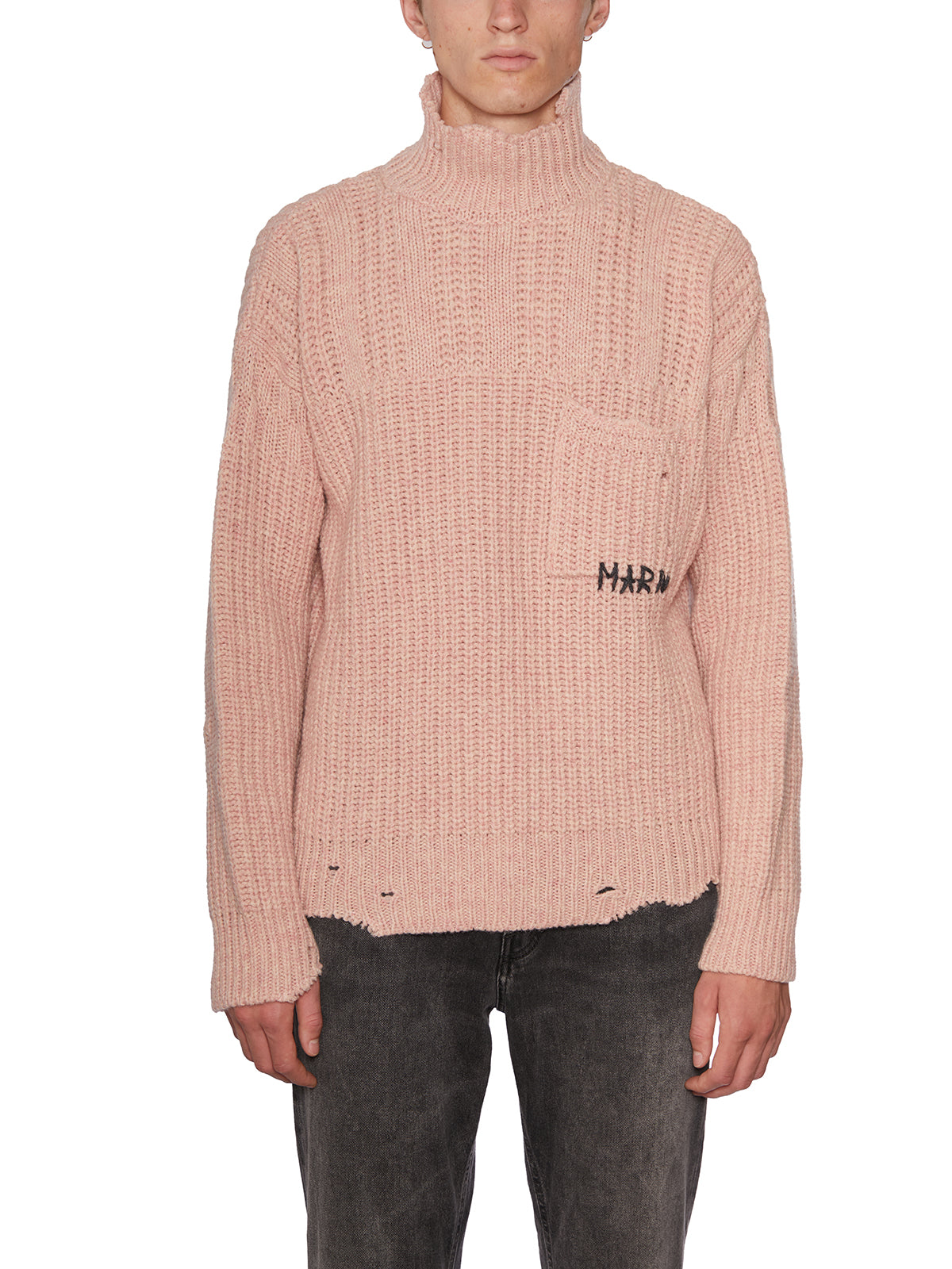 Shop Marni Soft Men's Wool Pullover With Distressed Details And Hand-embroidered Writing In Pink