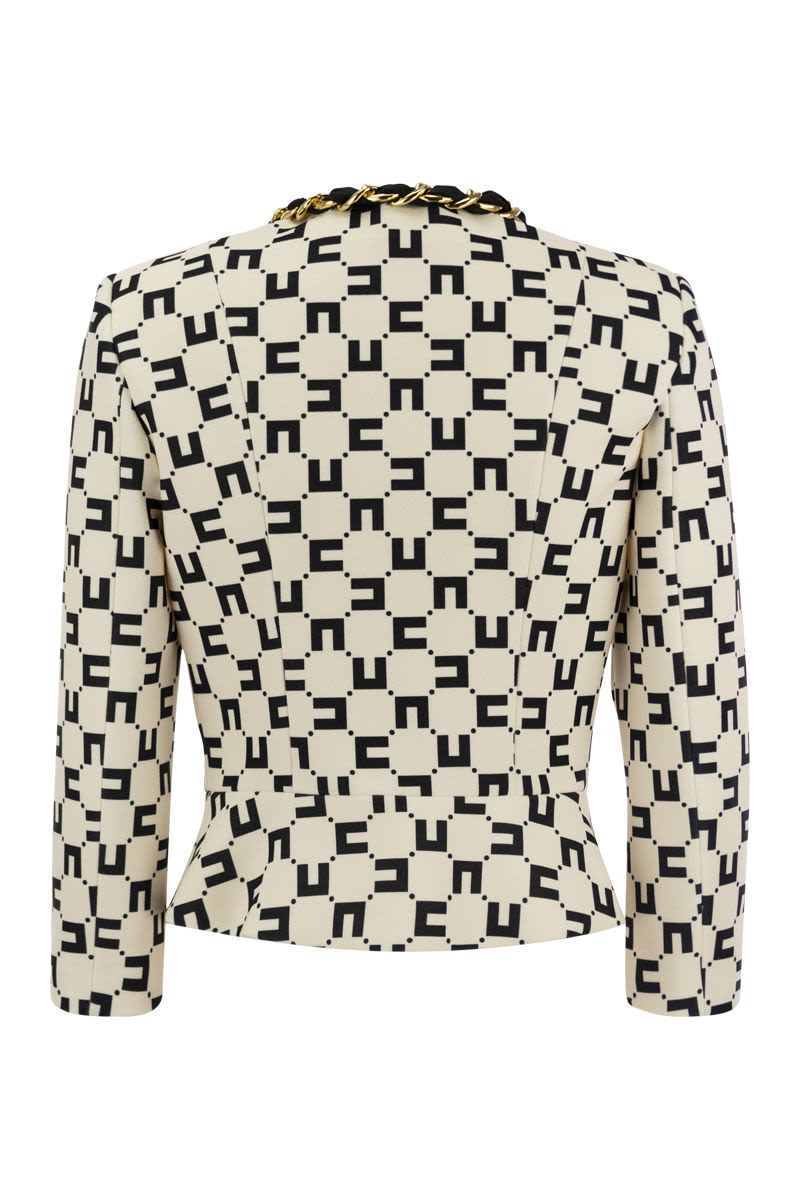 Shop Elisabetta Franchi Black Monogram Print Crepe Jacket With Chain Accessory And Scarf