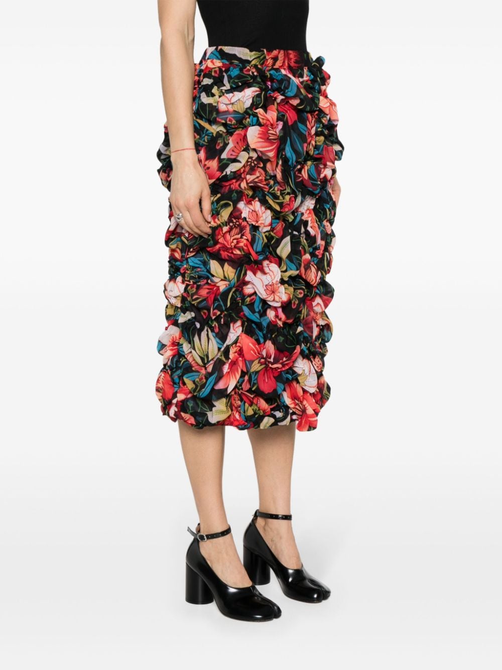 Shop Comme Des Garçons Floral Print Gathered Ruching Skirt For Women In Multicolour