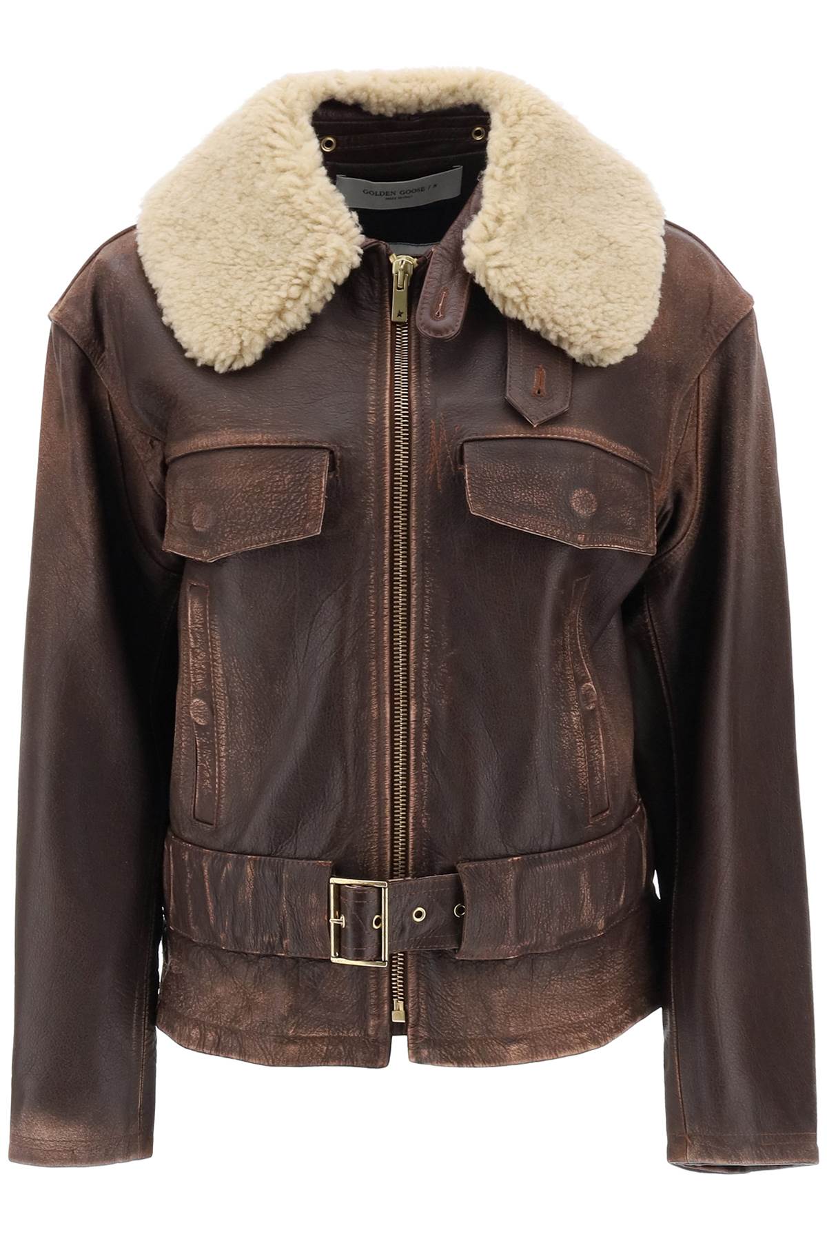 Golden Goose Vintage-effect Leather Biker Jacket For Women In Brown