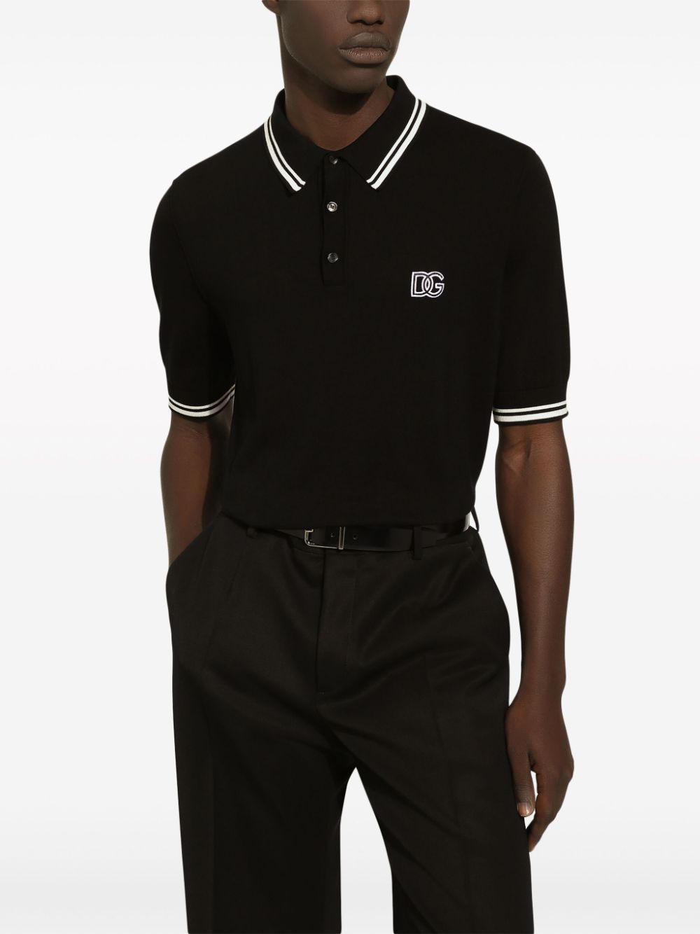 Shop Dolce & Gabbana Men's Black/white Cotton Polo Shirt With Embroidered Logo And Stripe Detailing