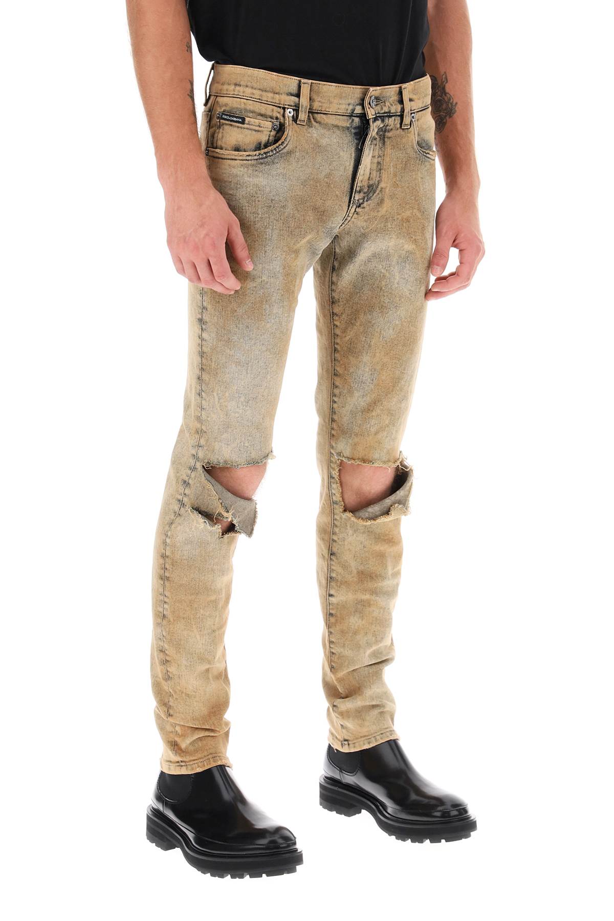 Shop Dolce & Gabbana Men's Stretch Cotton Denim Skinny Jeans With Knee Rips In Beige