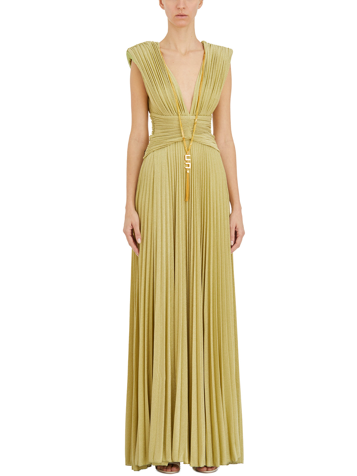 Shop Elisabetta Franchi Green V-neck Dress With Padded Straps And Metallic Accessory For Women