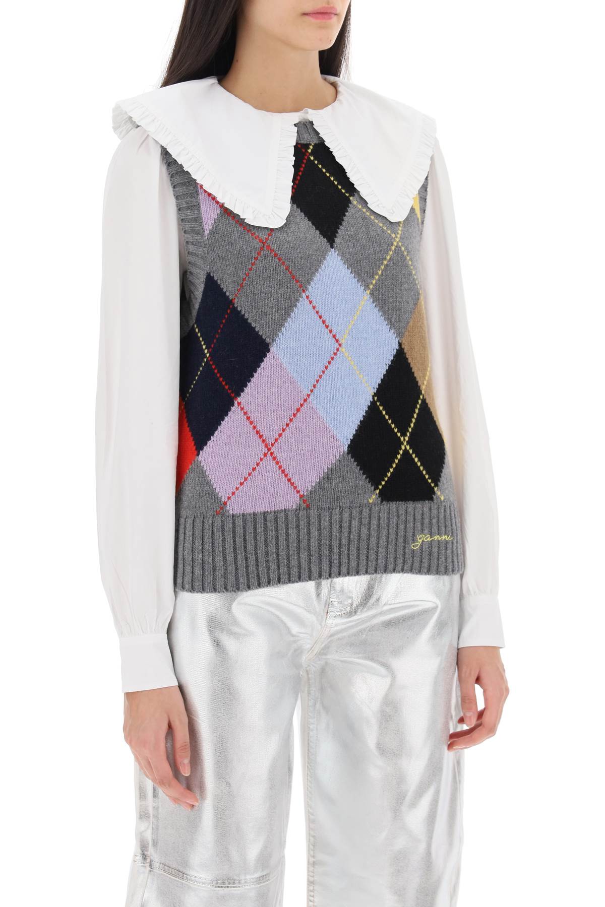 Shop Ganni Harlequin Wool Mix Knit Vest Grey