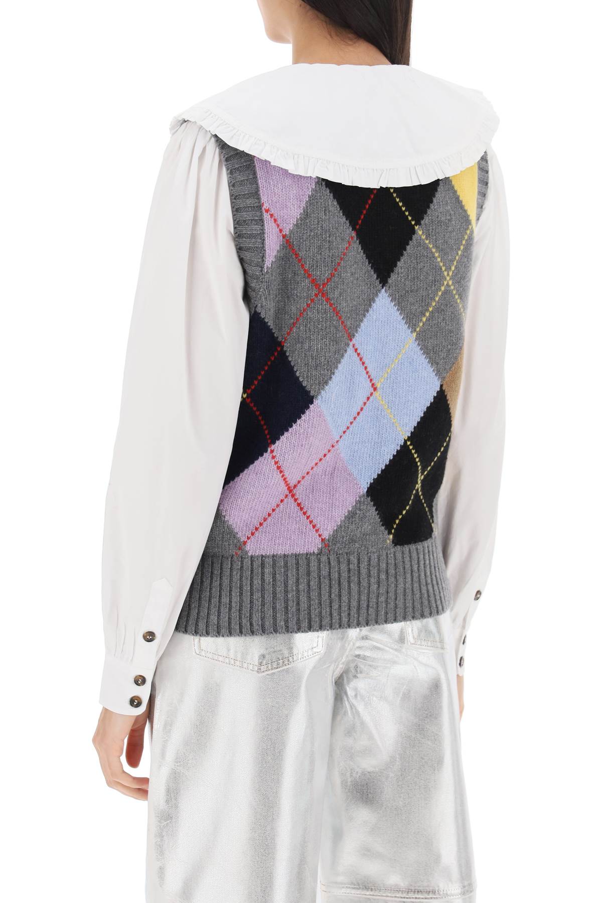 Shop Ganni Harlequin Wool Mix Knit Vest Grey