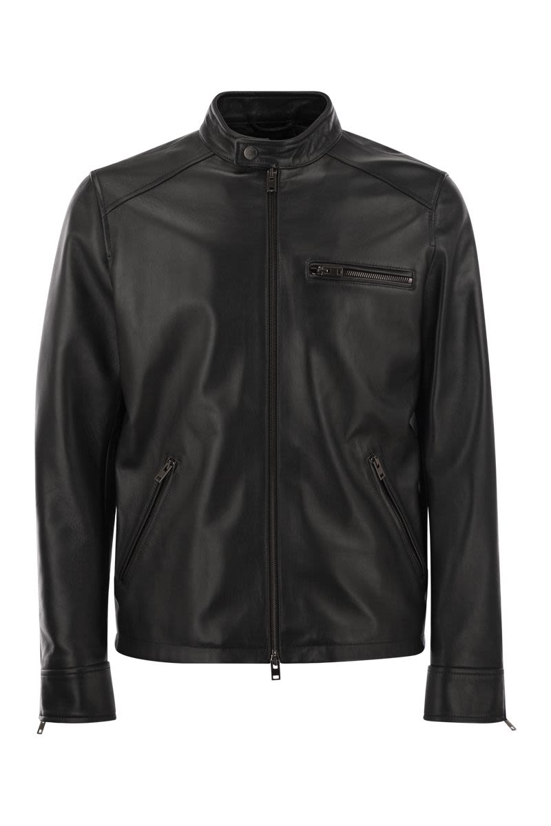 Hogan Men's Black Leather Biker Jacket For Ss24 Seasons