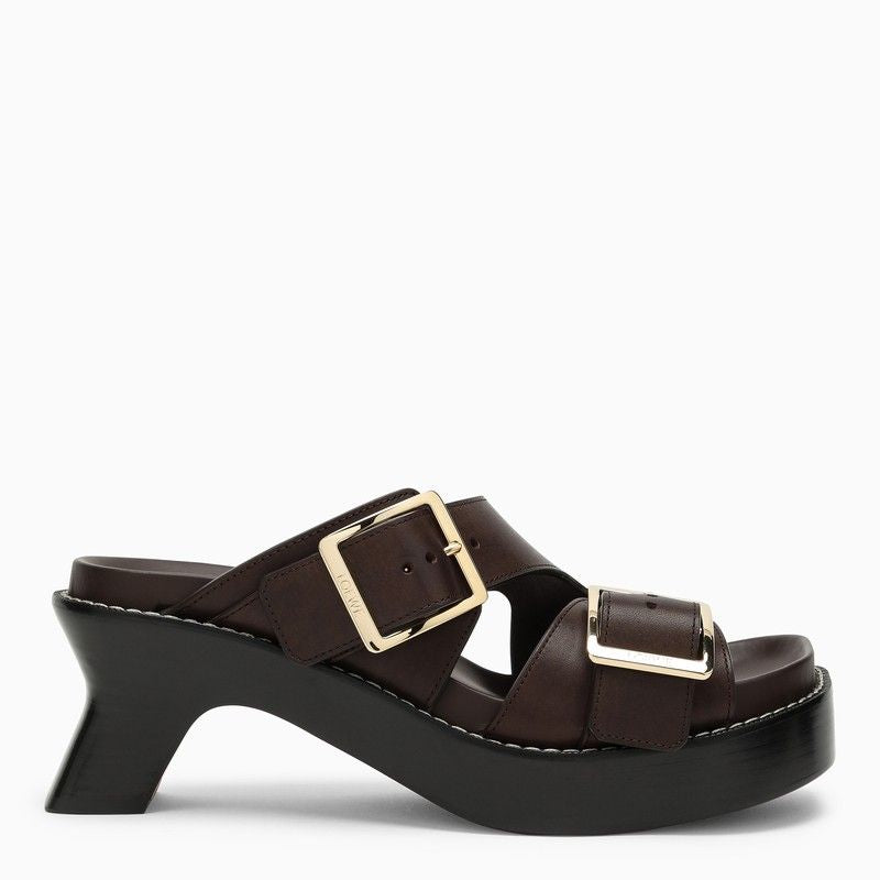 Loewe Brown Calfskin Heeled Slipper With Adjustable Straps And Architectural Heel